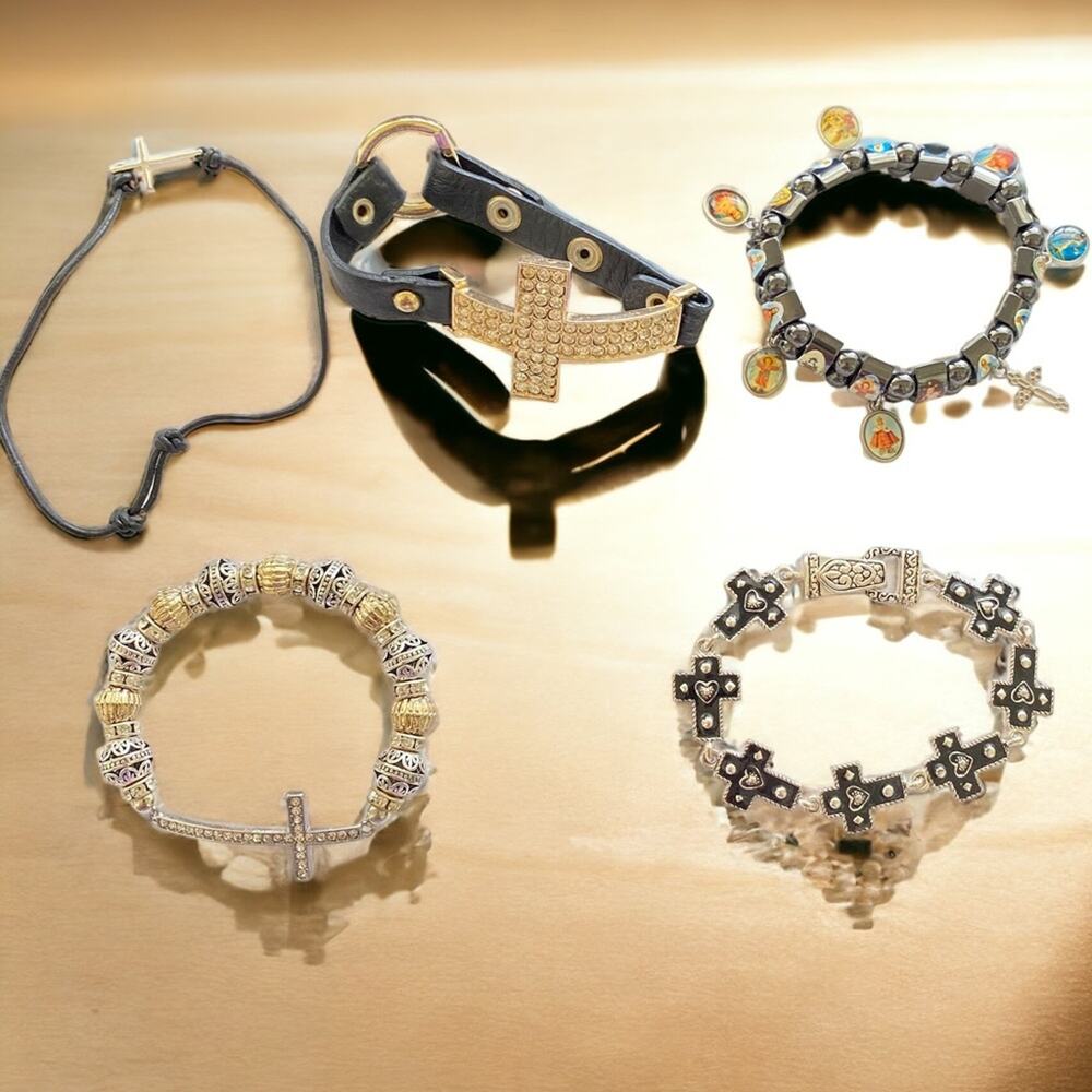 5pc lot Religious Cross Bracelets Jesus Angel Hematite Rosary Christian stretch